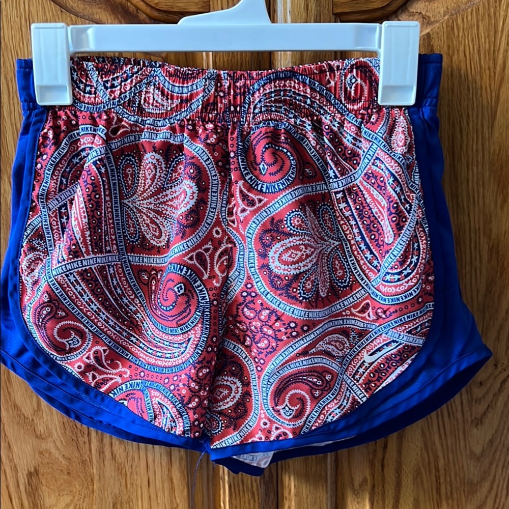 Nike Red and Blue Athletic Shorts with Paisley Design